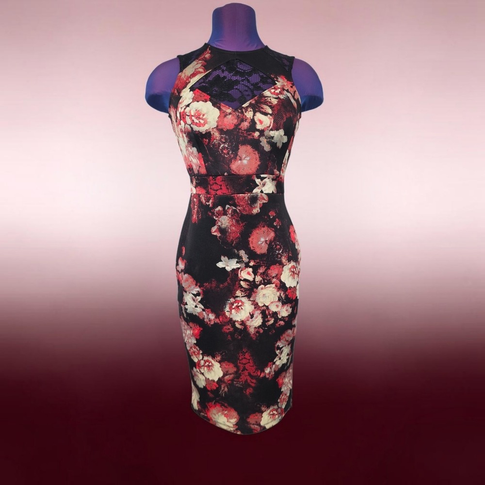 Vintage Bailey Blue Floral Lace Cutout Bodycon Dress XS Black Red Midi